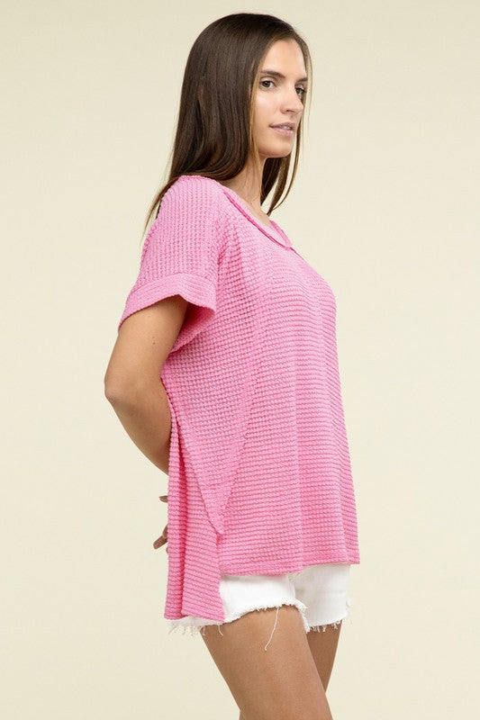 Brushed Waffle Exposed-Seam Short Sleeve Top - Nexusni