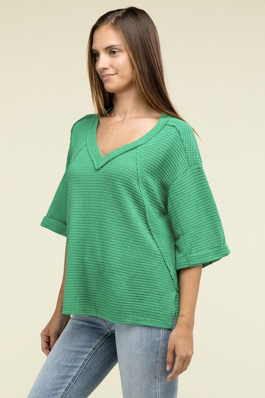 Brushed Waffle Exposed-Seam 3/4 Sleeve Top - Nexusni