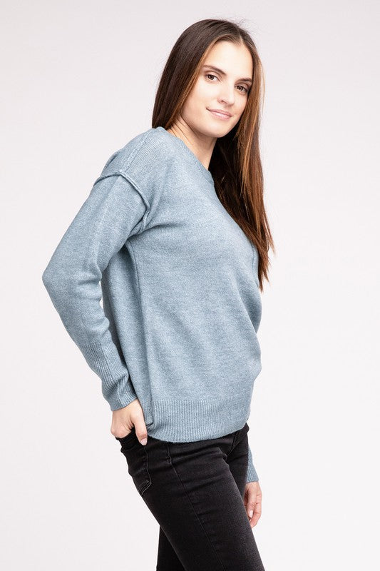 Melange Hi-Low Hem Round Neck Sweater - Nexusni