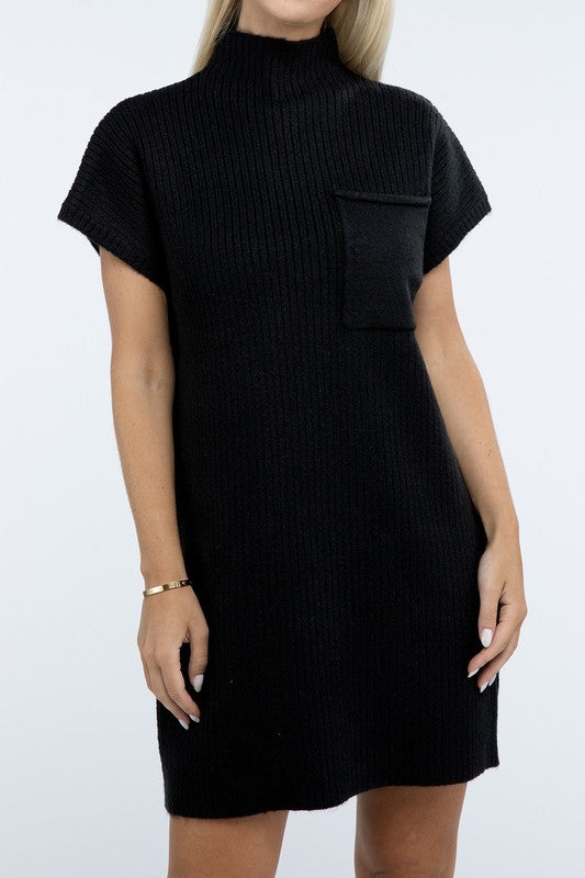 Mock Neck Short Sleeve Sweater Dress with Pocket - Nexusni