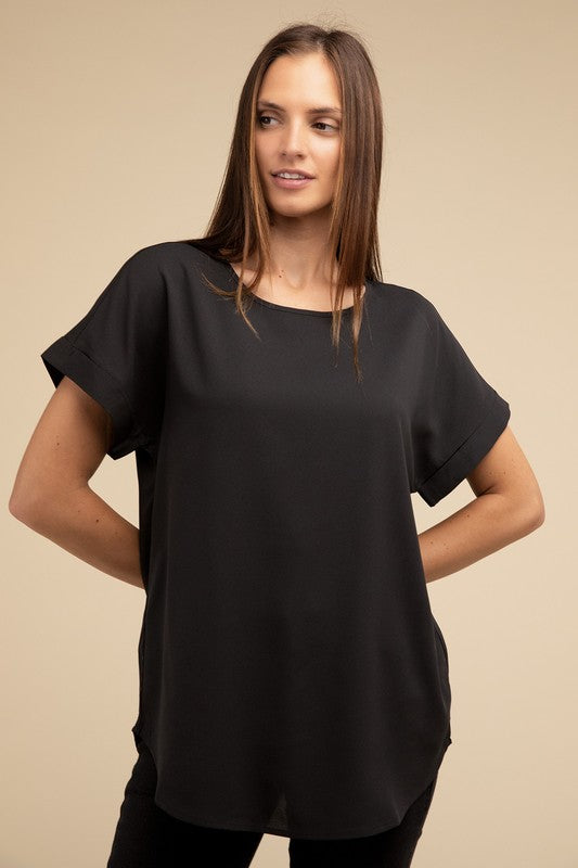 Woven Heavy Dobby Rolled Sleeve Boat Neck Top - Nexusni