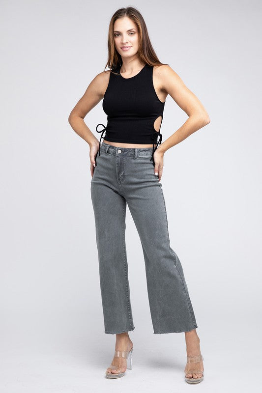 Acid Wash Frayed Cutoff Hem Straight Wide Pants - Nexusni