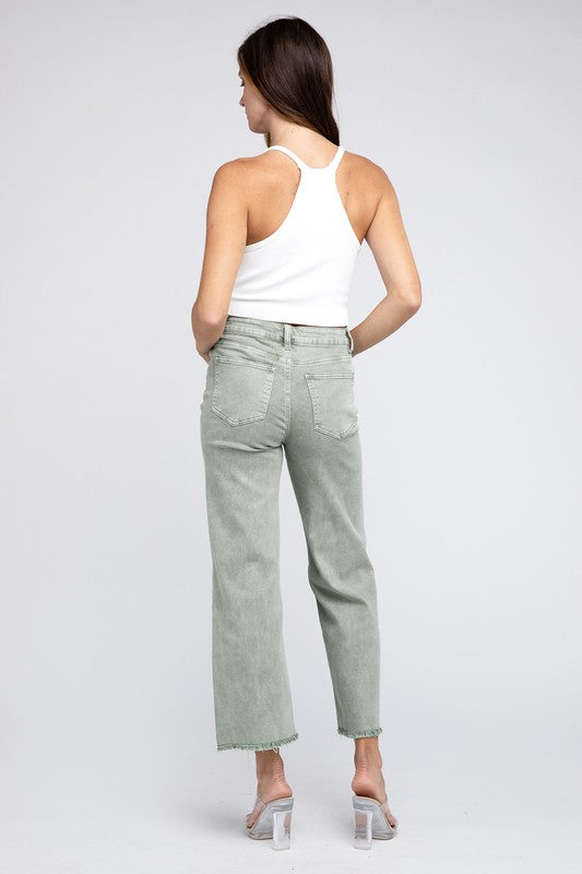 Acid Wash Frayed Cutoff Hem Straight Wide Pants - Nexusni