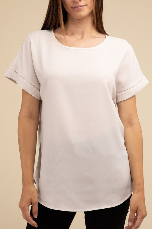 Woven Heavy Dobby Rolled Sleeve Boat Neck Top - Nexusni