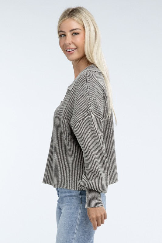 Washed Collared Henley Sweater - Nexusni