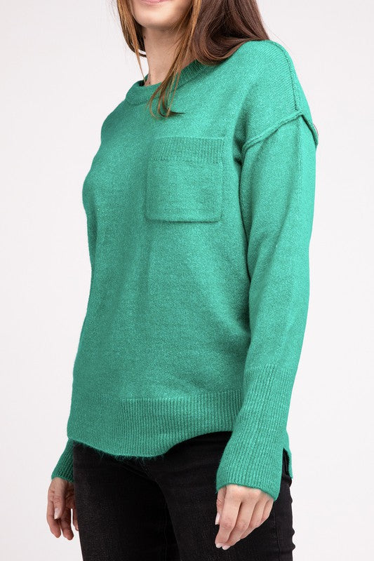 Melange Hi-Low Hem Round Neck Sweater - Nexusni