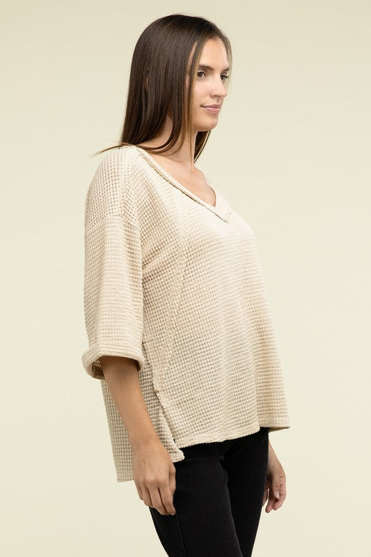 Brushed Waffle Exposed-Seam 3/4 Sleeve Top - Nexusni