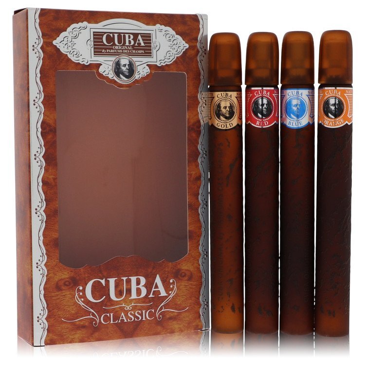 Cuba Gold by Fragluxe Gift Set -- Cuba Variety Set includes All Four 1.15 oz Sprays Cuba Red Cuba Blue Cuba Gold and Cuba Orange (Men) - Nexusni