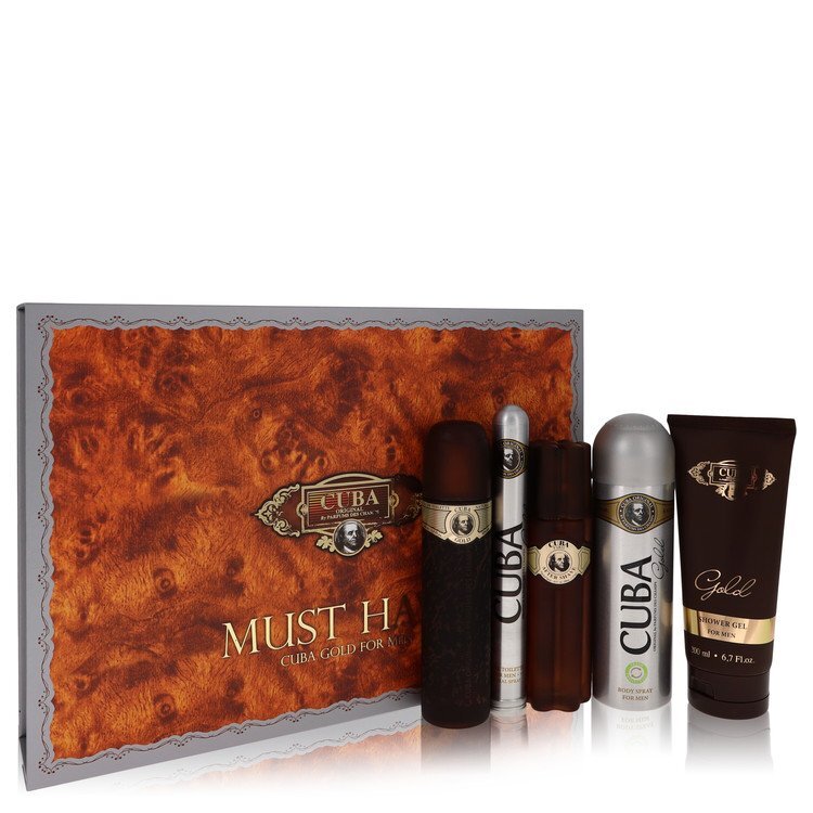 Cuba Gold by Fragluxe Gift Set -- 3.3 oz Eau De Toilette Spray + 3.3 oz After Shave Spray + 6.7 oz Body Deodorant Spray + 6.7 oz Shower Gel + 1.17 oz EDT Spray (Men) - Nexusni