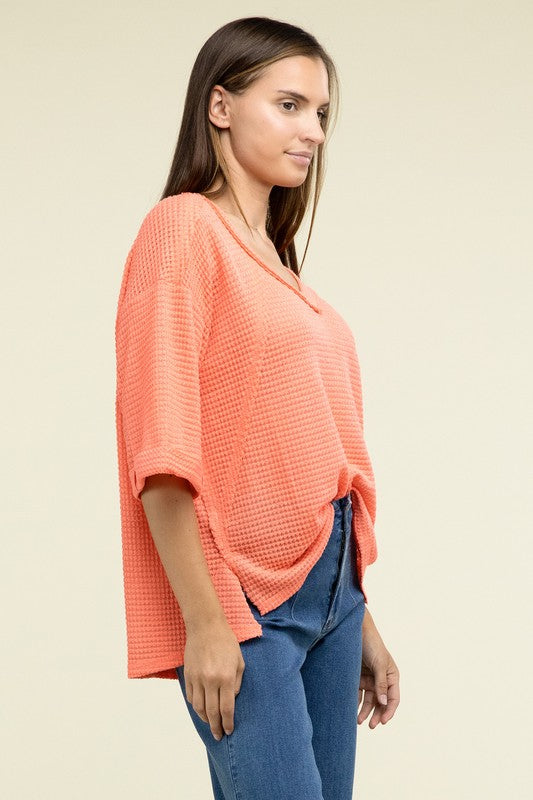 Brushed Waffle Exposed-Seam 3/4 Sleeve Top - Nexusni