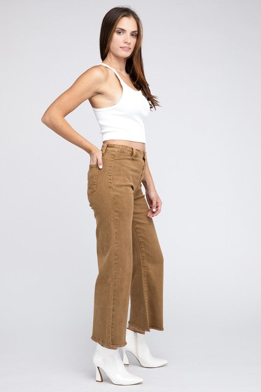 Acid Wash Frayed Cutoff Hem Straight Wide Pants - Nexusni