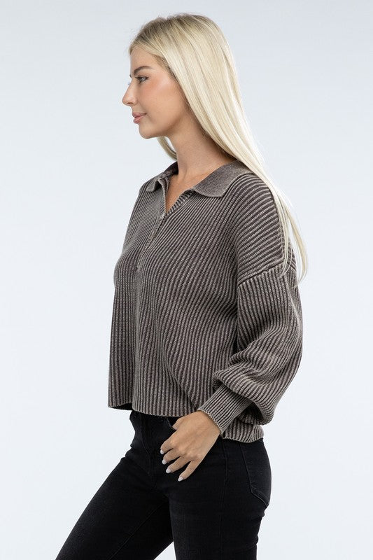 Washed Collared Henley Sweater - Nexusni