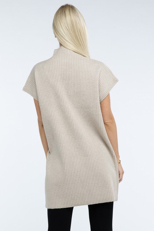 Mock Neck Short Sleeve Sweater Dress with Pocket - Nexusni