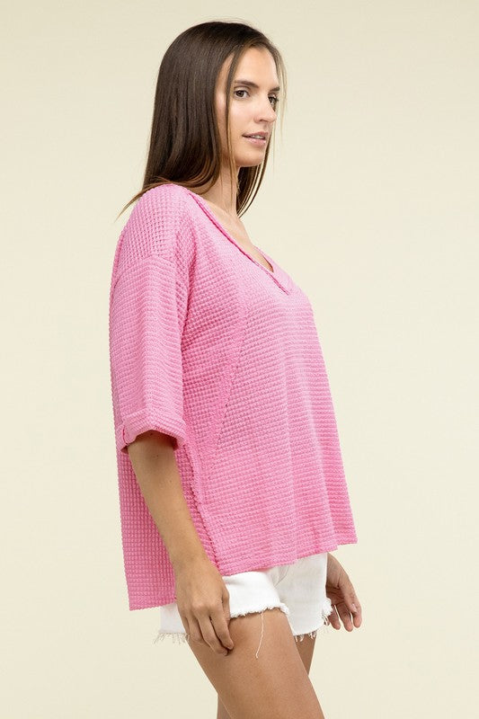 Brushed Waffle Exposed-Seam 3/4 Sleeve Top - Nexusni