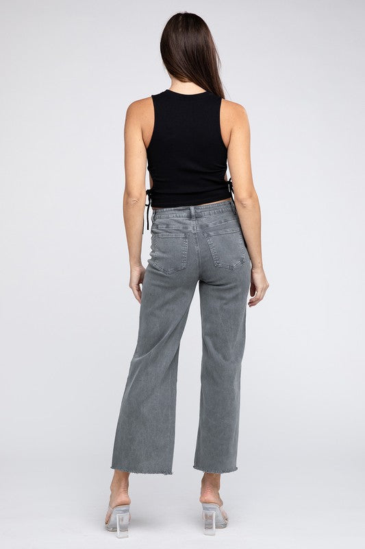 Acid Wash Frayed Cutoff Hem Straight Wide Pants - Nexusni