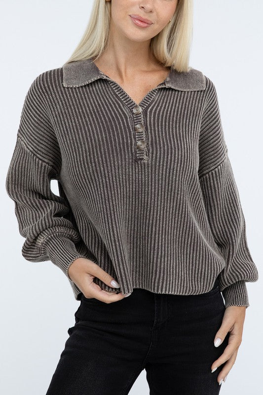 Washed Collared Henley Sweater - Nexusni