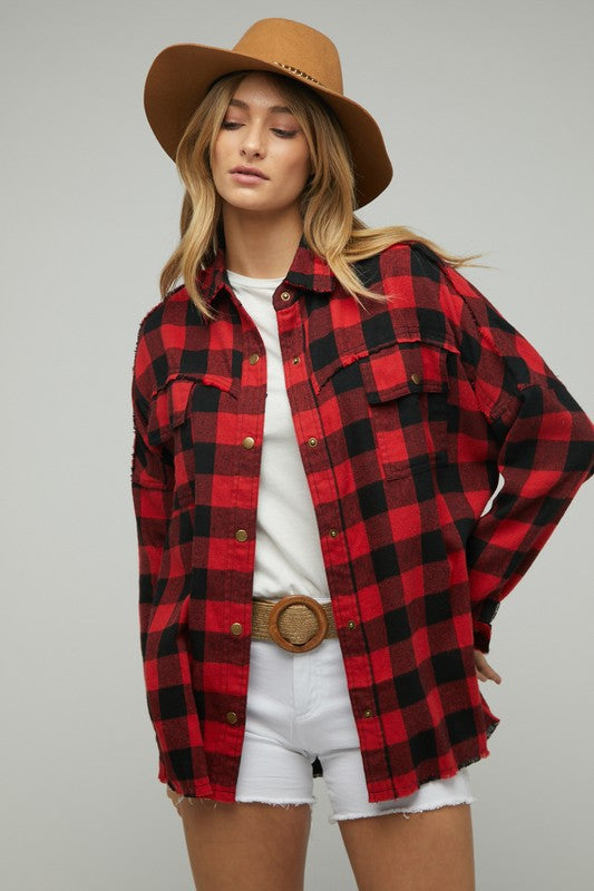 Plaid Embroidered Patch Button Down Jacket - Nexusni