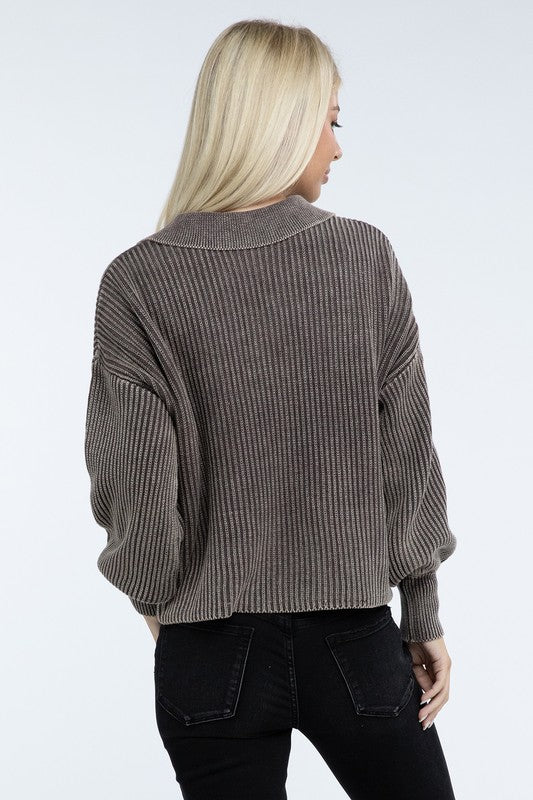 Washed Collared Henley Sweater - Nexusni