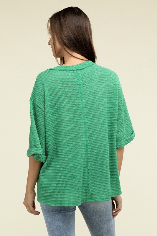 Brushed Waffle Exposed-Seam 3/4 Sleeve Top - Nexusni