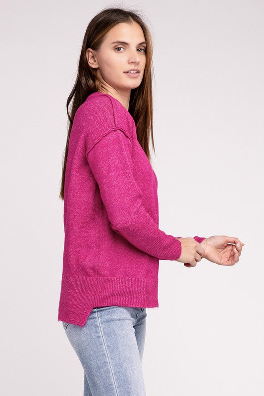 Melange Hi-Low Hem Round Neck Sweater - Nexusni