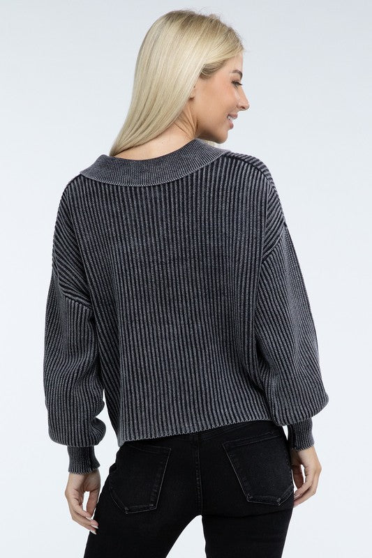 Washed Collared Henley Sweater - Nexusni