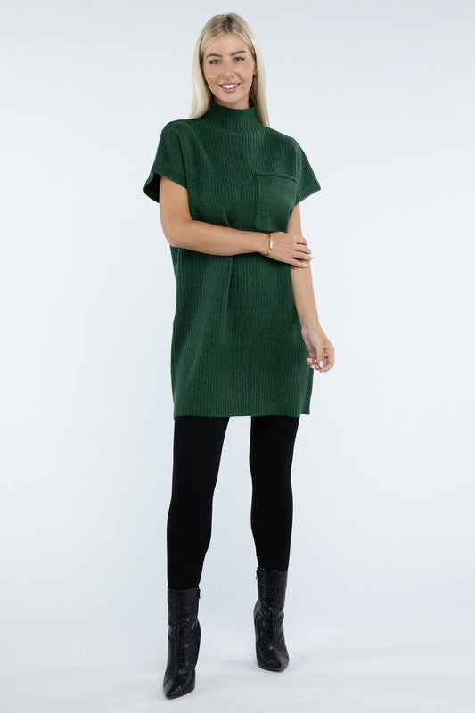 Mock Neck Short Sleeve Sweater Dress with Pocket - Nexusni