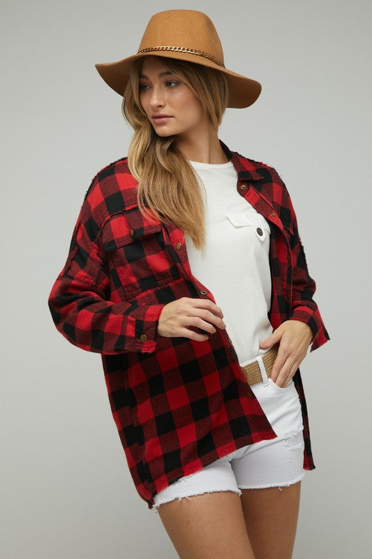 Plaid Embroidered Patch Button Down Jacket - Nexusni