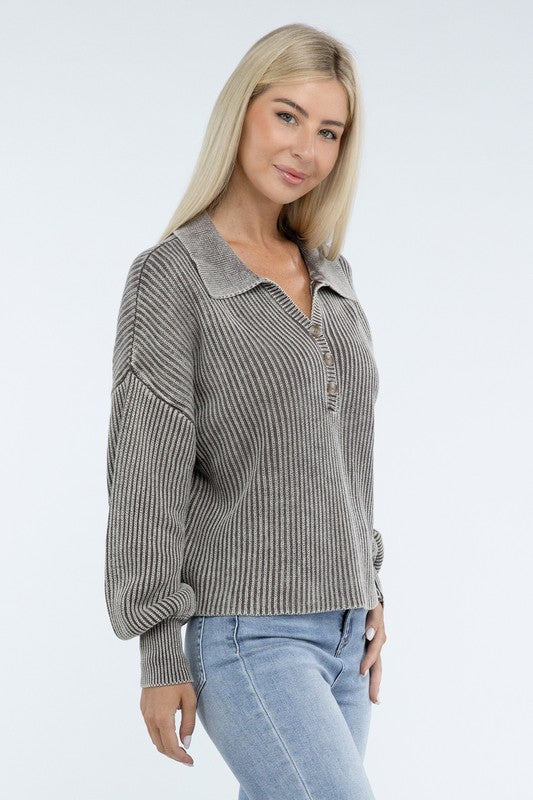 Washed Collared Henley Sweater - Nexusni