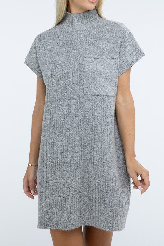 Mock Neck Short Sleeve Sweater Dress with Pocket - Nexusni