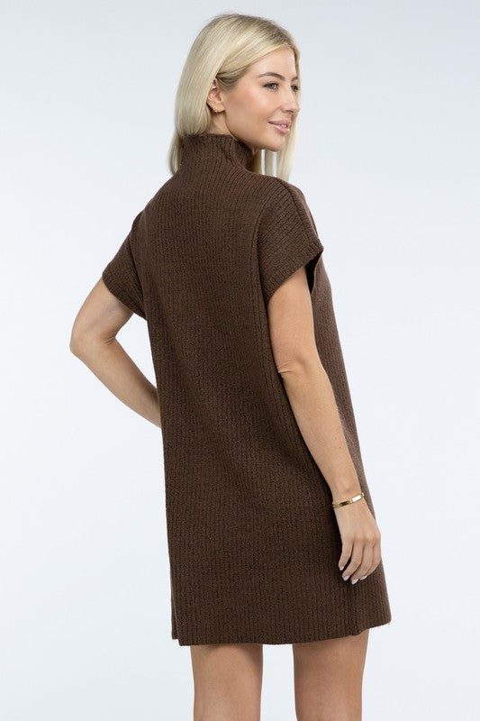 Mock Neck Short Sleeve Sweater Dress with Pocket - Nexusni