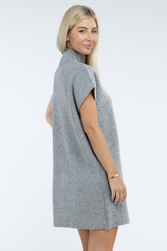 Mock Neck Short Sleeve Sweater Dress with Pocket - Nexusni