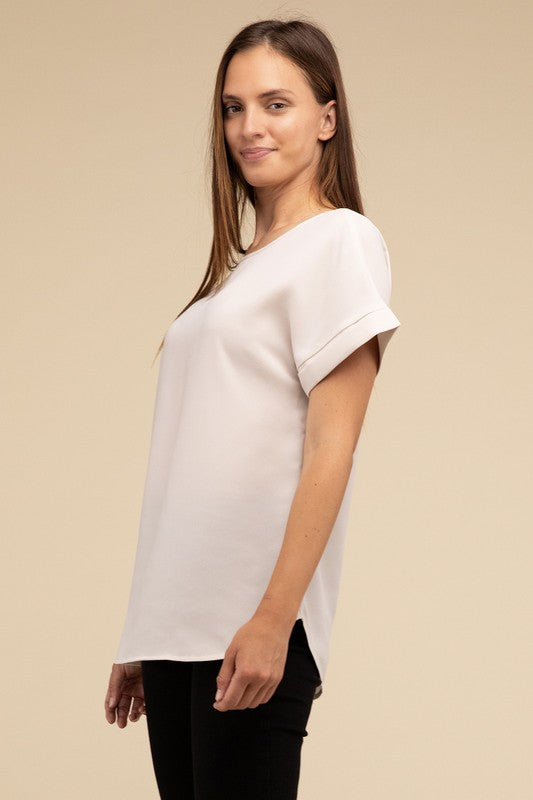 Woven Heavy Dobby Rolled Sleeve Boat Neck Top - Nexusni