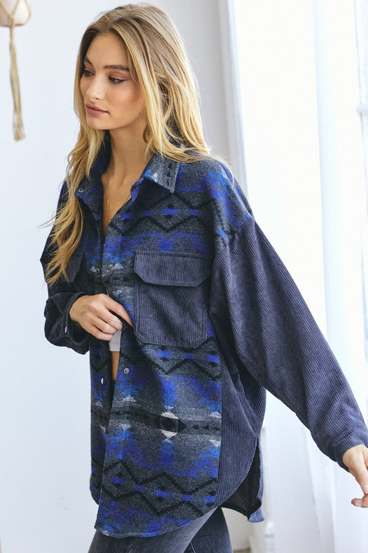 Printed Button Down Long Sleeve Jacket - Nexusni