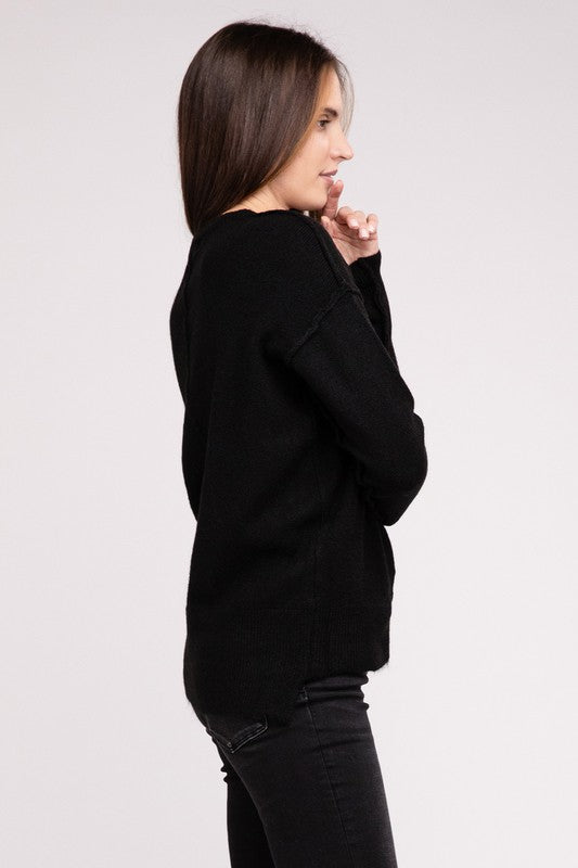 Melange Hi-Low Hem Round Neck Sweater - Nexusni