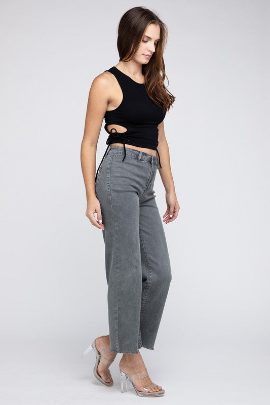 Acid Wash Frayed Cutoff Hem Straight Wide Pants - Nexusni