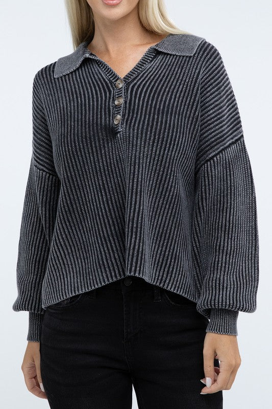 Washed Collared Henley Sweater - Nexusni