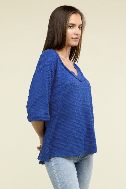 Brushed Waffle Exposed-Seam 3/4 Sleeve Top - Nexusni