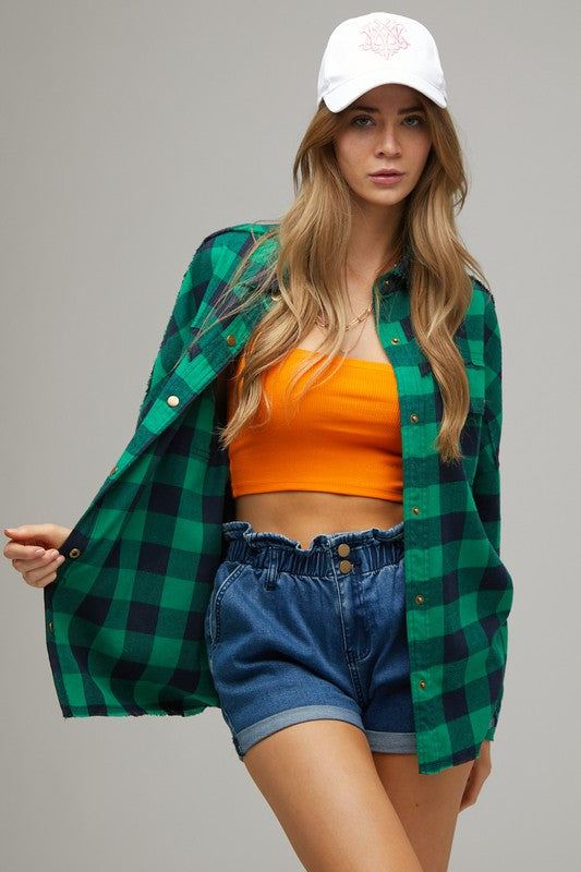 Plaid Embroidered Patch Button Down Jacket - Nexusni