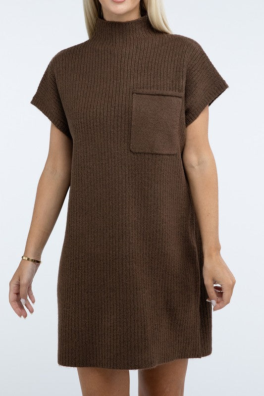 Mock Neck Short Sleeve Sweater Dress with Pocket - Nexusni