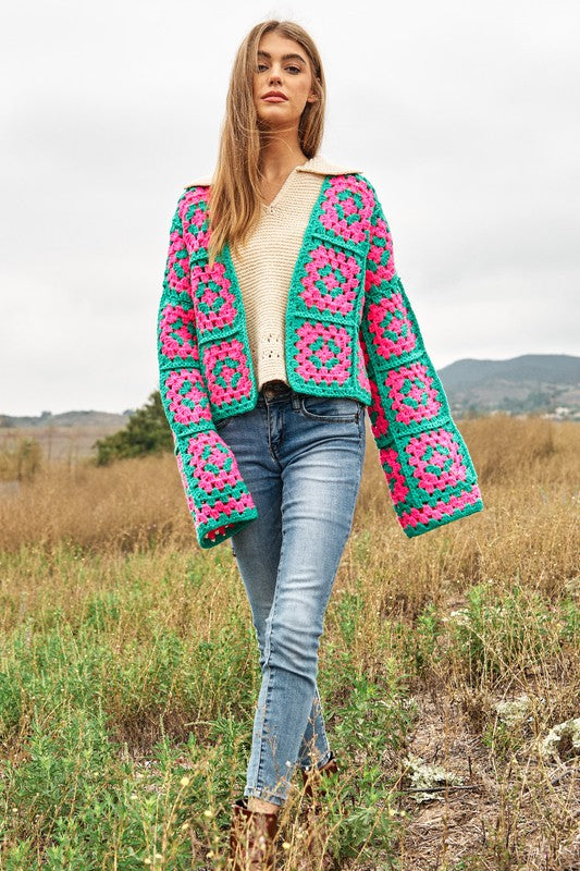 Floral Two-Tone Square Open Knit Crochet Cardigan - Nexusni