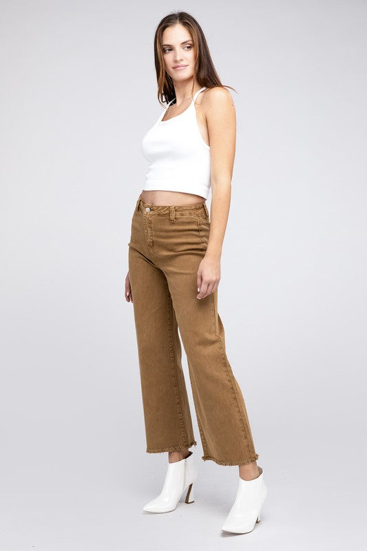 Acid Wash Frayed Cutoff Hem Straight Wide Pants - Nexusni