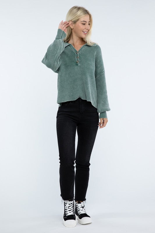 Washed Collared Henley Sweater - Nexusni