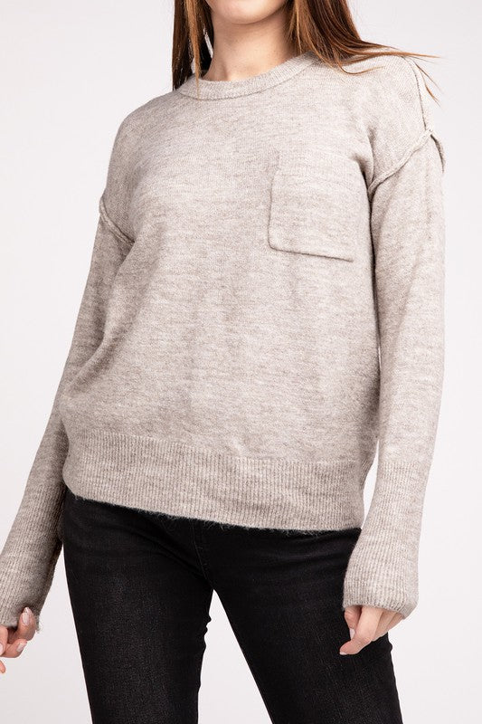 Melange Hi-Low Hem Round Neck Sweater - Nexusni