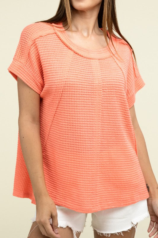 Brushed Waffle Exposed-Seam Short Sleeve Top - Nexusni