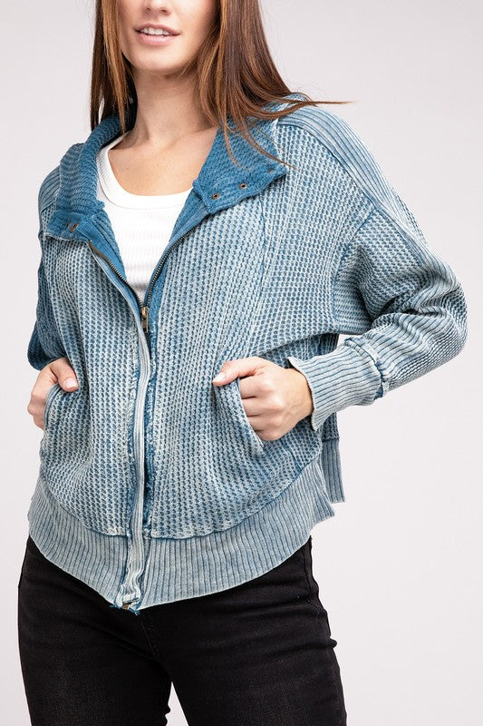 Acid Wash Cotton Waffle Hooded Zip-Up Jacket - Nexusni