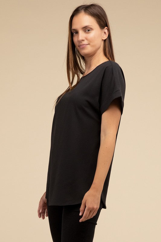 Woven Heavy Dobby Rolled Sleeve Boat Neck Top - Nexusni