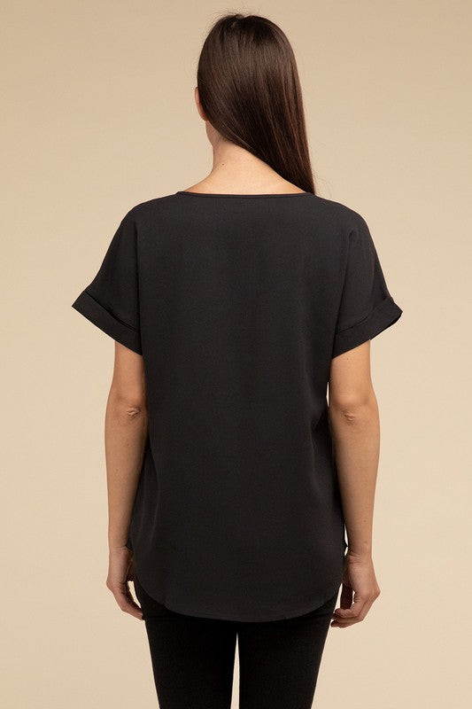 Woven Heavy Dobby Rolled Sleeve Boat Neck Top - Nexusni