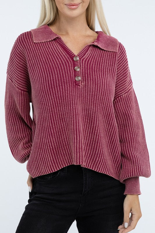 Washed Collared Henley Sweater - Nexusni