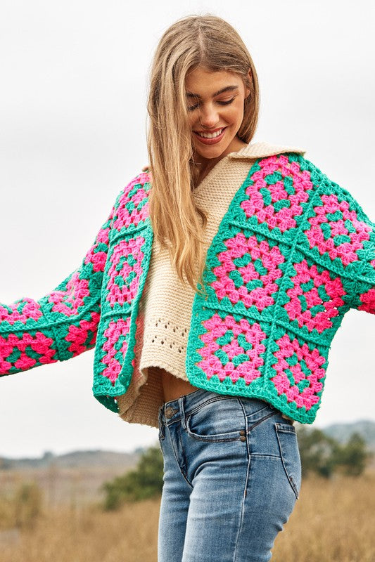 Floral Two-Tone Square Open Knit Crochet Cardigan - Nexusni