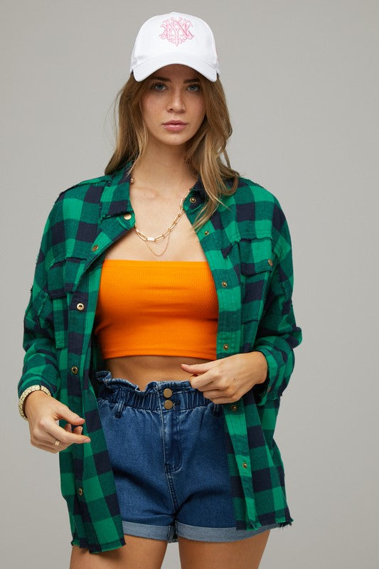 Plaid Embroidered Patch Button Down Jacket - Nexusni